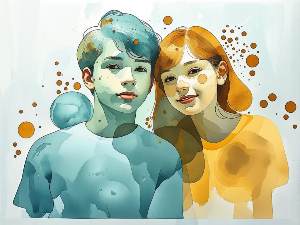 Aquarell in blau und gelb, mit einer Grafik von zwei Jugendlichen