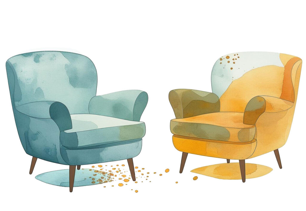 aquarell, zwei Sessel in blau und orange